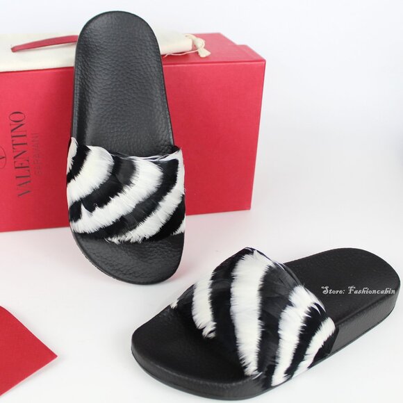 NEW VALENTINO Feather Slides Sandals | Bold Zebra Look for Resort & Lounge Wear - Picture 1 of 15